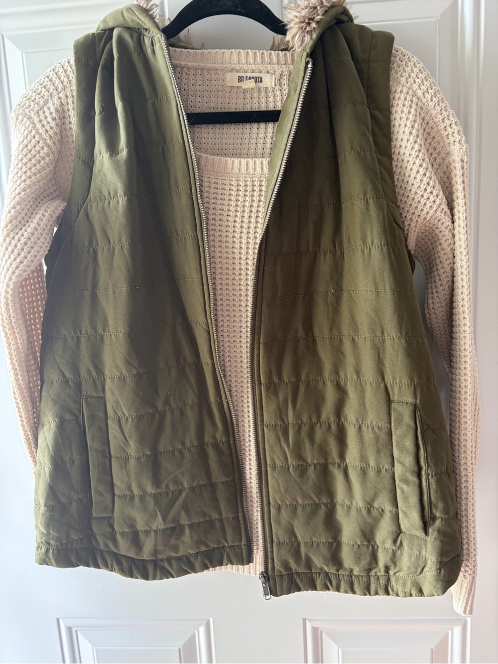 BB Dakota Black Quilted Faux-Fur Hooded Puffer Vest + Cream Knit Sweater